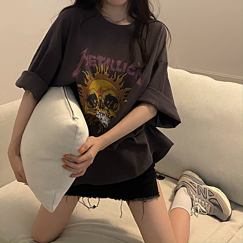 韓國外貿復古短袖t恤女春夏新款寬鬆韓版超火上衣