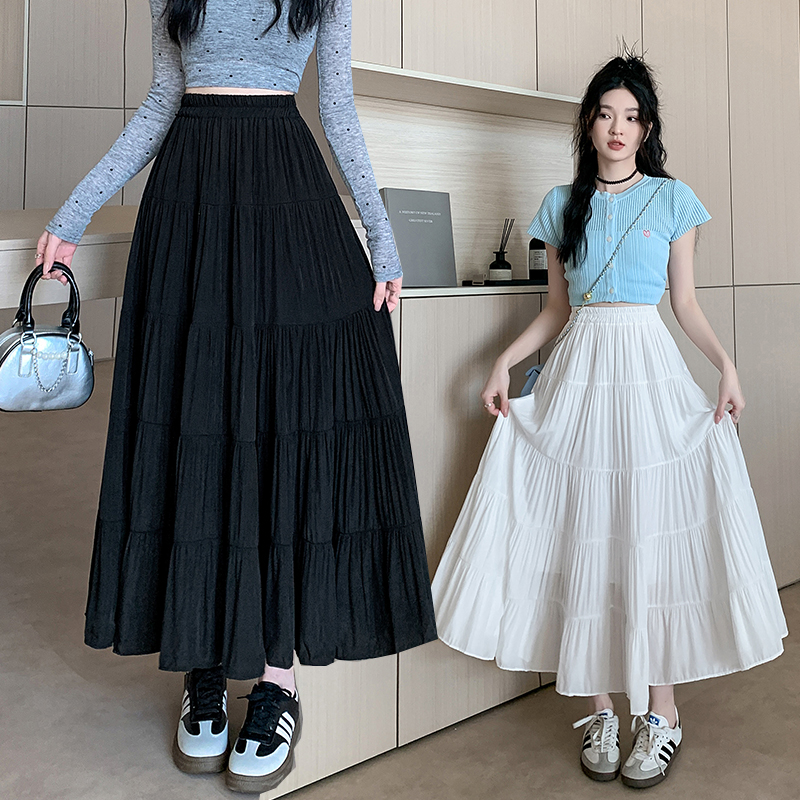 Real shot of sweet white spliced ​​skirt for women in spring and summer new versatile slim high waist mid-length A-line skirt umbrella skirt