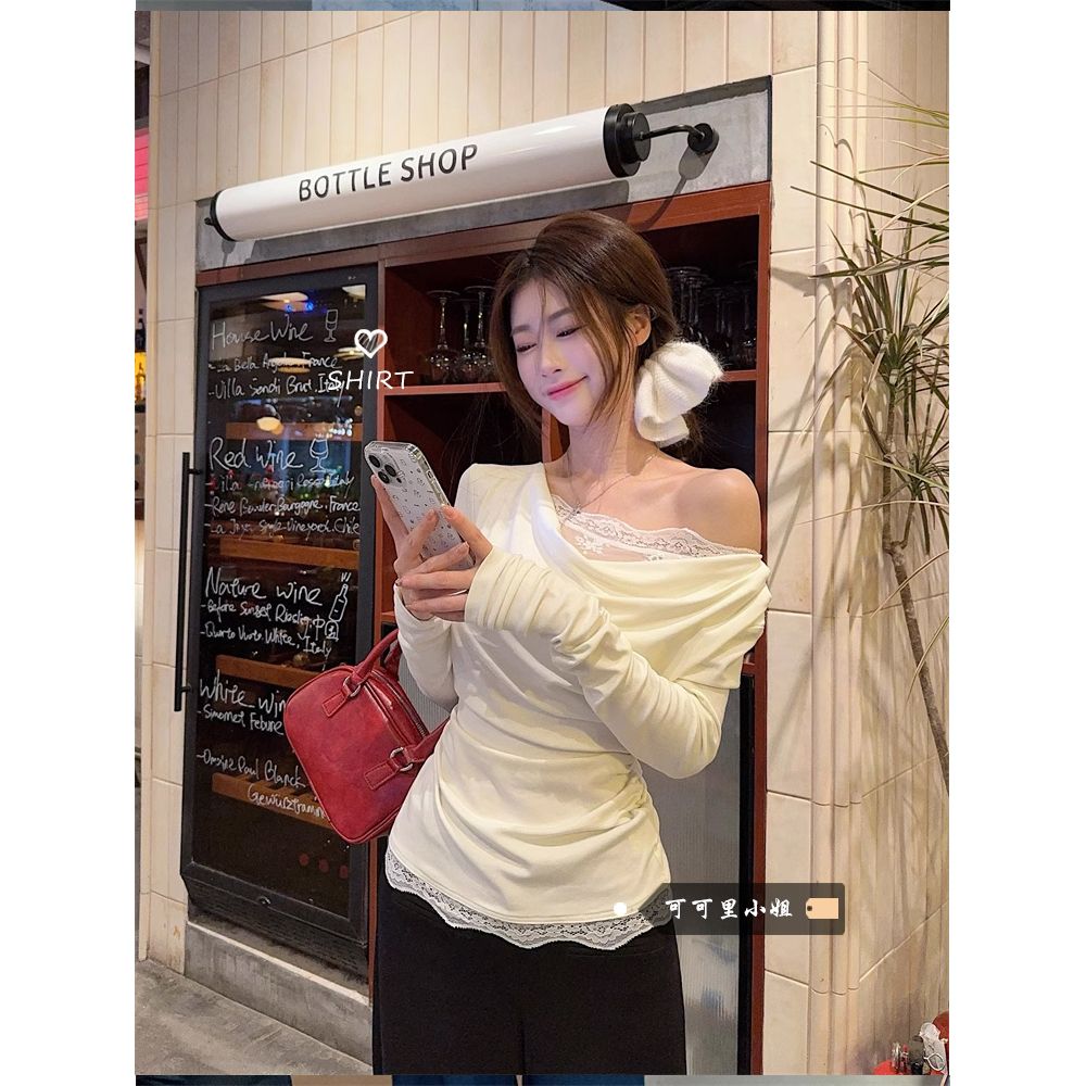 Lace lace long-sleeved T-shirt for women 2025 early spring new pure slanted shoulders slimming inner bottoming shirt top