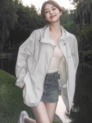 雙層帽 原版面料 灰色防曬衣女新款夏季寬鬆百搭薄款連帽