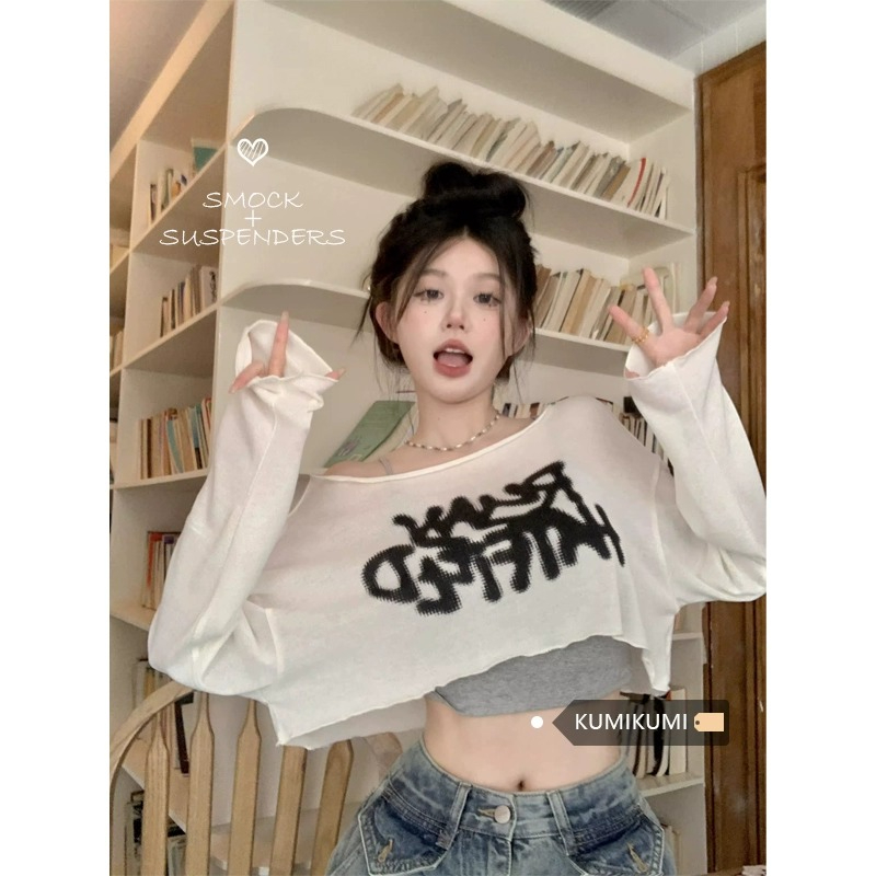 外貿原版慵懶風字母印花長袖防曬T恤女夏季小眾寬鬆顯瘦短款上衣