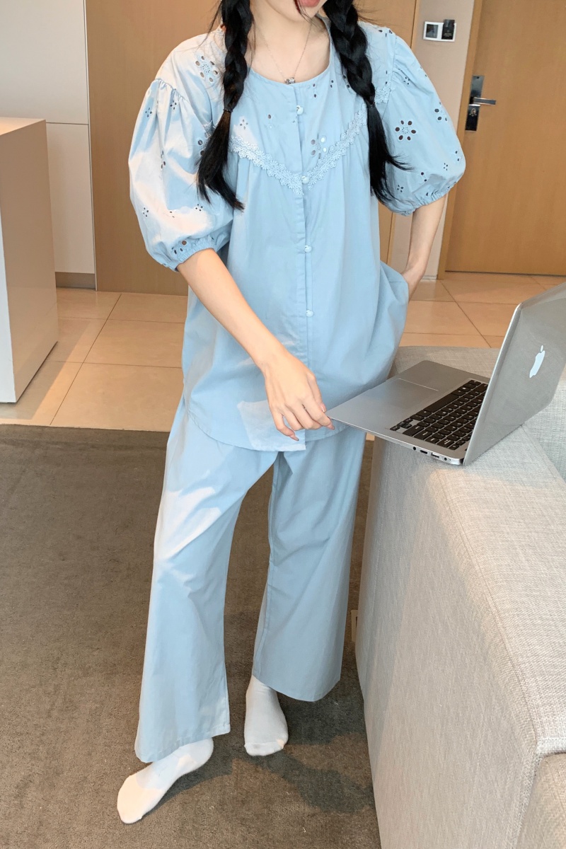 Real shot of Korean version of all cotton sweet heavy industry embroidered lace short-sleeved trousers short-sleeved shorts home clothing set