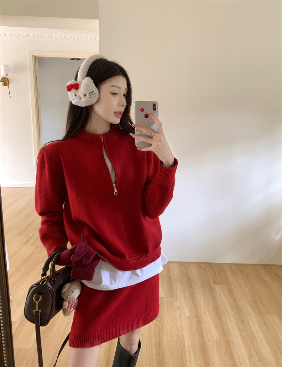 Real photo of the Korean style dress in spring, red sweater, knitted skirt for women, high-end simple suit
