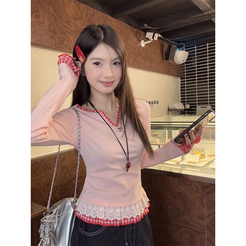 Pink shoulder long-sleeved T-shirt fake two-piece lace bottoming shirt for women spring v-neck sweet girl top