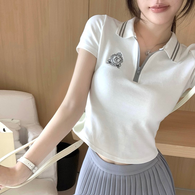 Korean foreign trade Korean summer new style college style sports contrasting polo T-shirt pleated versatile top