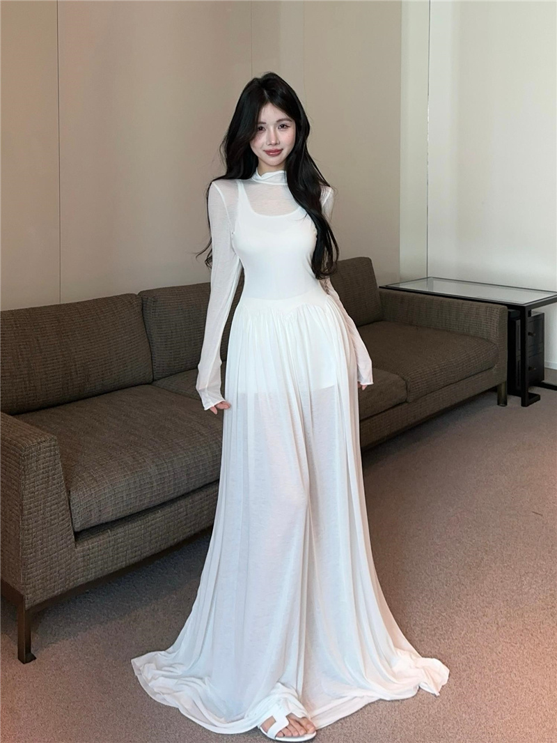 Real shot of sweet half-high neck long sleeve solid color spliced ​​slim long skirt two-piece set