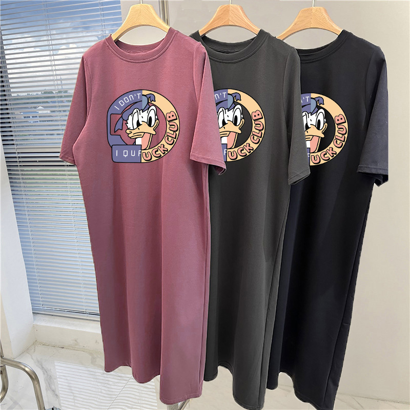 South Korea's short-sleeved T-shirt skirt for women with long hips for summer fat mm large size loose slim slit dress