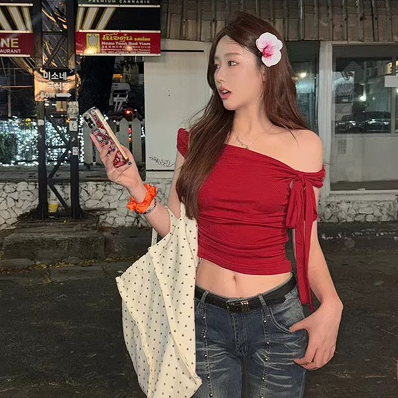 Pure desire style one-shoulder off-shoulder T-shirt design strap slim short hot girl
