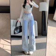 Real shot ~ Star patch gradient jeans for women in spring and autumn new loose straight wide-leg floor trousers