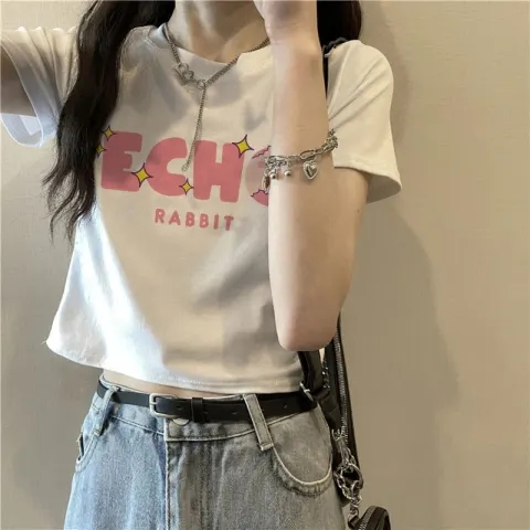 原版韓國外貿韓版新款短袖t恤女夏季寬鬆短款內搭高腰上衣
