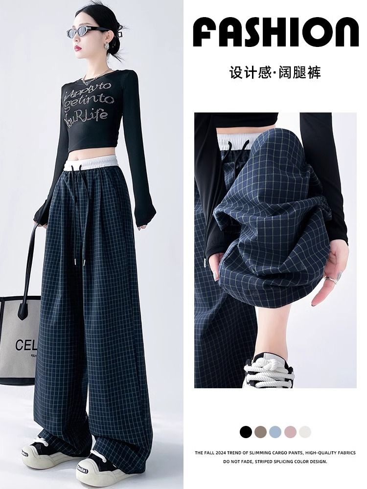 立體腰頭  美式慵懶鬆弛感格子褲2025女春夏薄款休閒遛彎褲直筒褲
