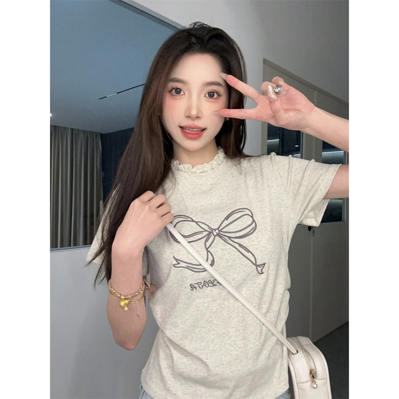 韓國外貿韓版新款棉羅紋 蝴蝶結蕾絲正肩短袖T恤女風短款上衣