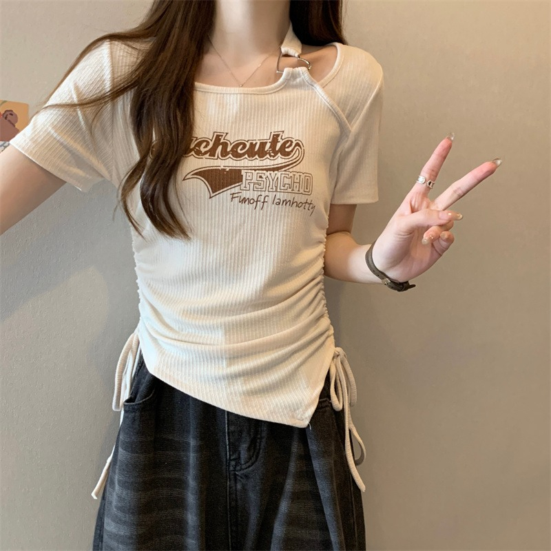 設計感小眾假兩件正肩短袖T恤女夏季辣妹修身抽繩別致短款上衣ins