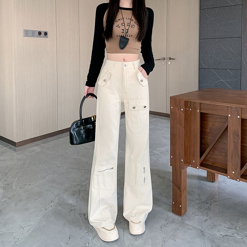 Real photo~ American style flared pants workwear for women in spring new high-waisted slimming multi-pocket floor flared pants trendy