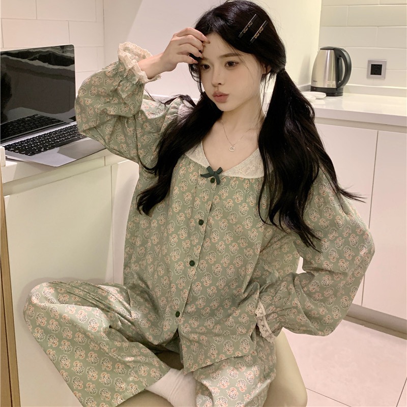Real shot of Korean version of sweet loose lace cotton princess style Chinese style floral V-neck long-sleeved home clothing set