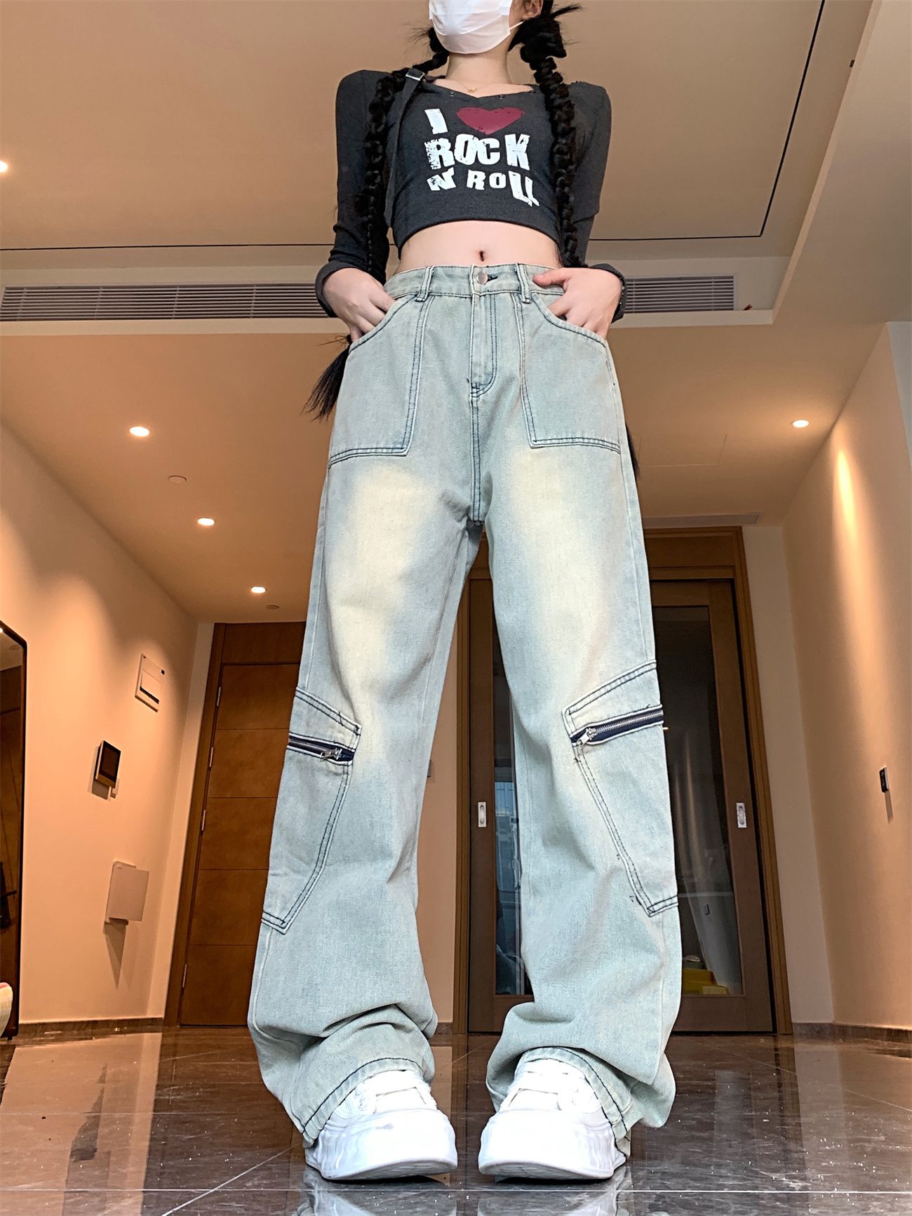Real shot~ Retro straight-washed old work pants High-waisted slim jeans for women