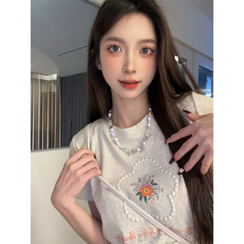 Korean foreign trade Korean summer new style original quality foam flower front shoulder short-sleeved T-shirt