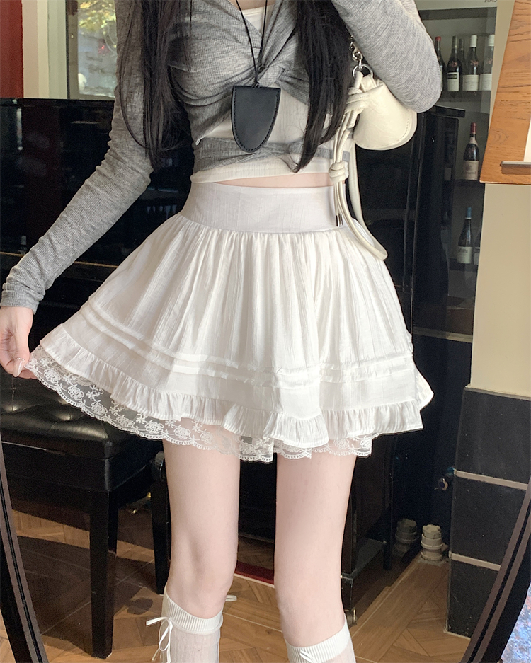 Real shot~White sweet lace fluffy cake skirt for women's new high-waisted slim A-line skirt