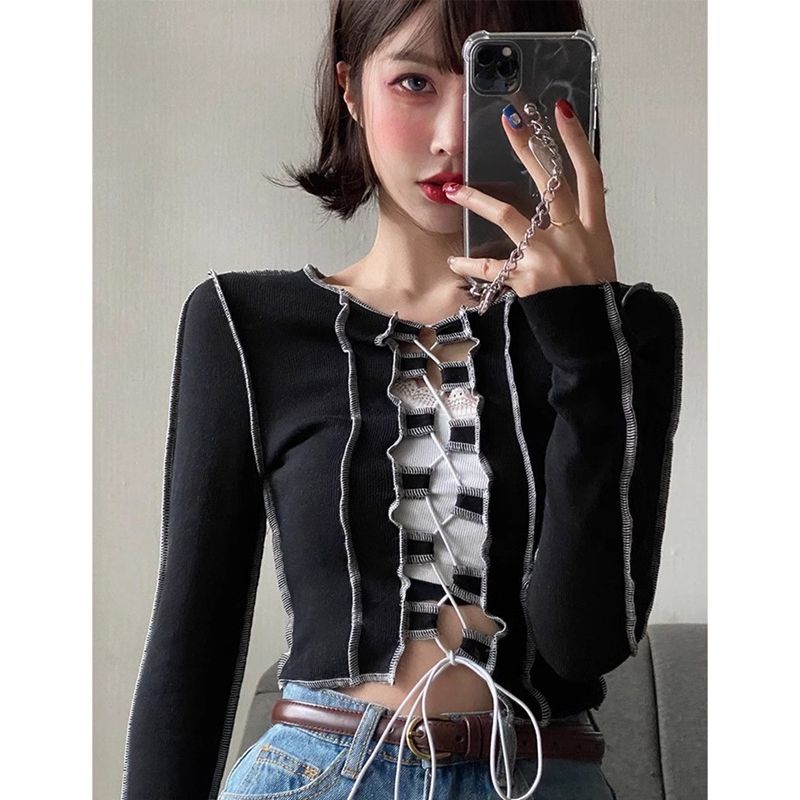 外貿原版夏季新款韓版正肩t恤女美式復古設計感綁帶長袖上衣