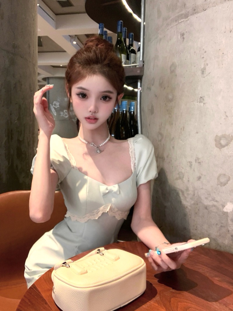 Real shot Korean version of slim mid-length small fresh mint green waist-hugging sweet and spicy girlish dress