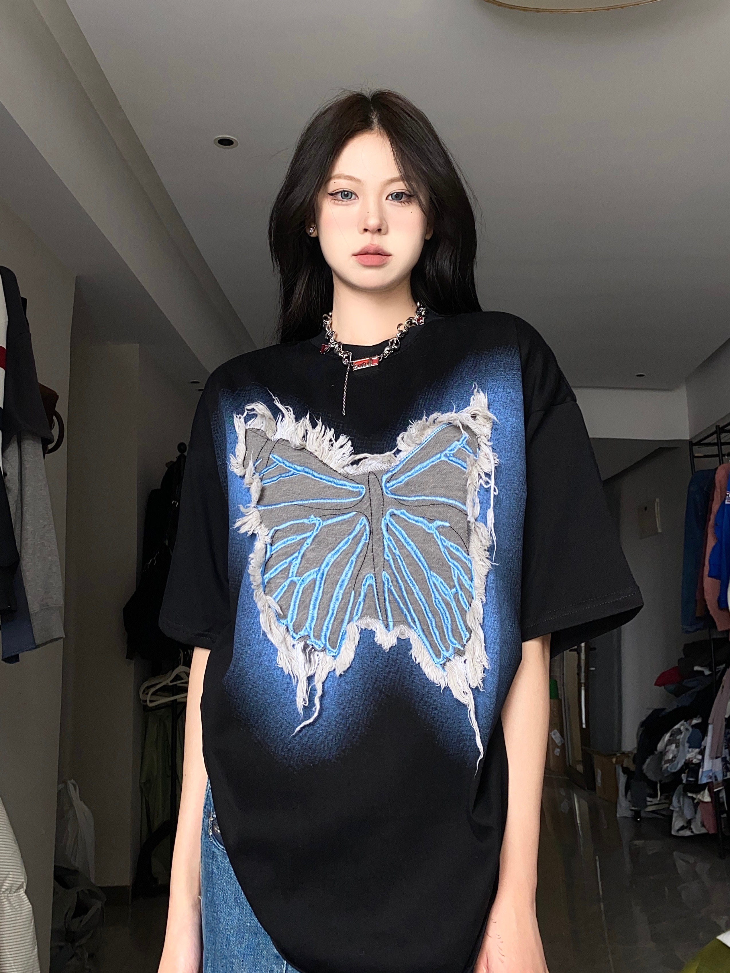 印花原版牛仔純棉210克精梳緊密後包領240斤大碼T恤女