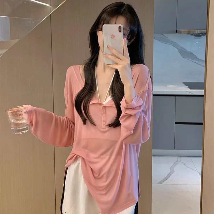 夏季慵懶風灰色長袖T恤女春夏季設計感寬鬆套頭薄款防曬罩衫