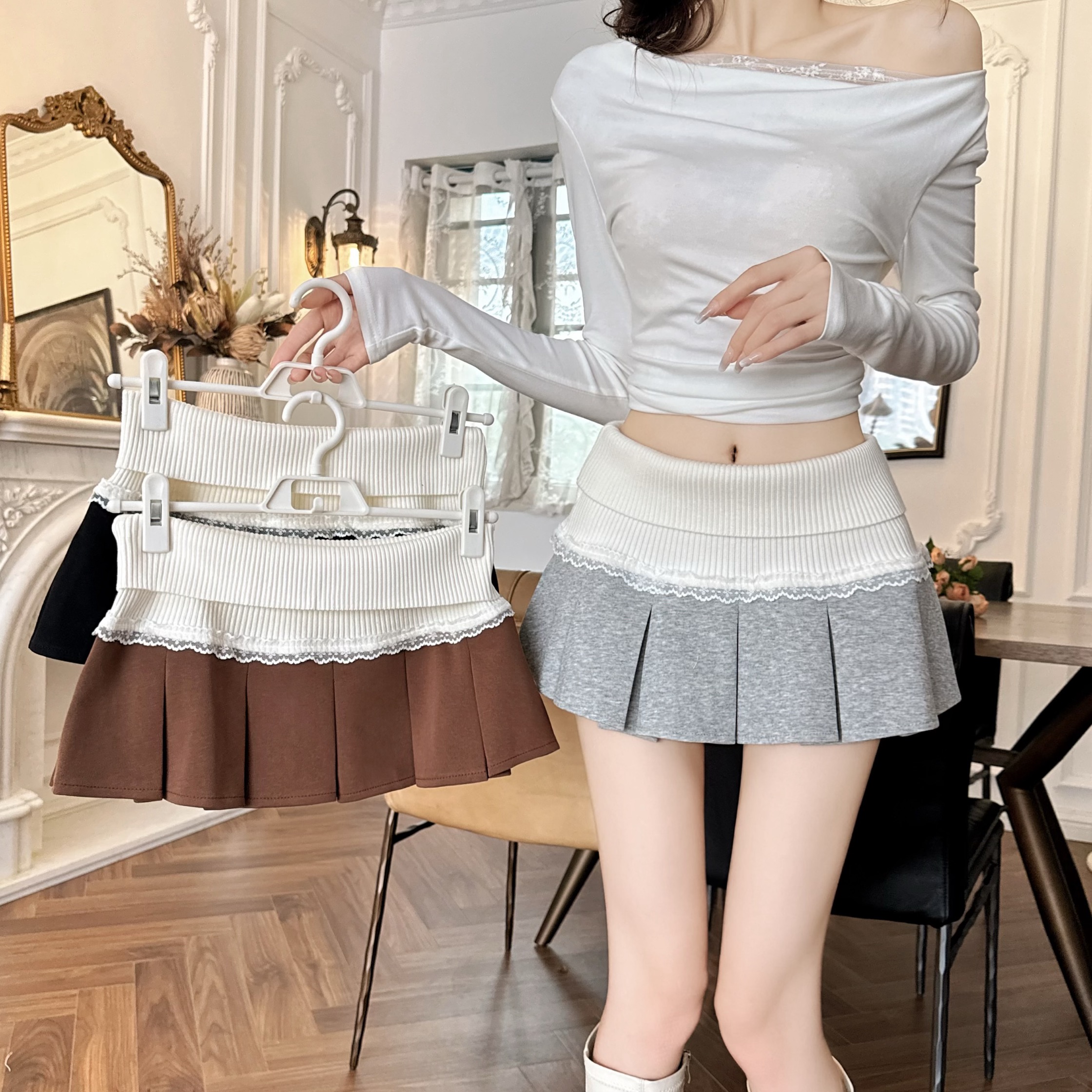 Real shot of early autumn design high waist knitted lace spliced ​​pleated skirt for women's college style skirt short skirt