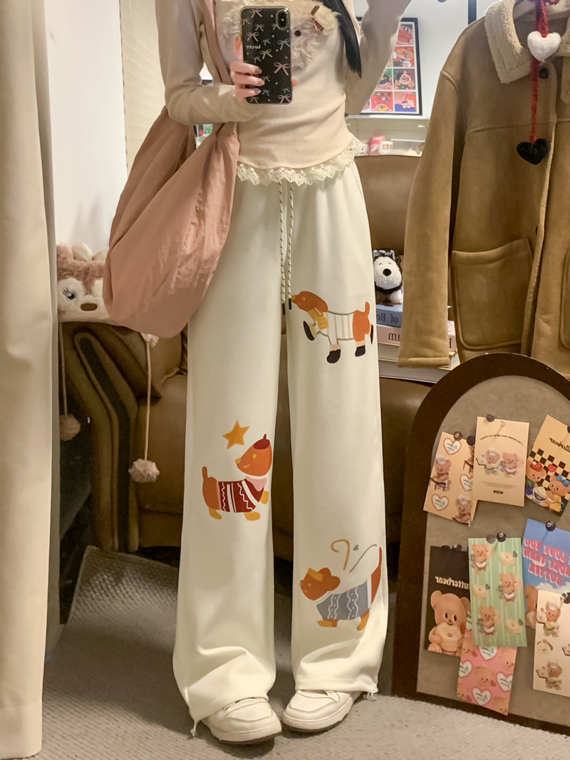 Real photo of dog printed droopy casual pants for women 2025 straight wide-leg pants loose slimming pants long pants
