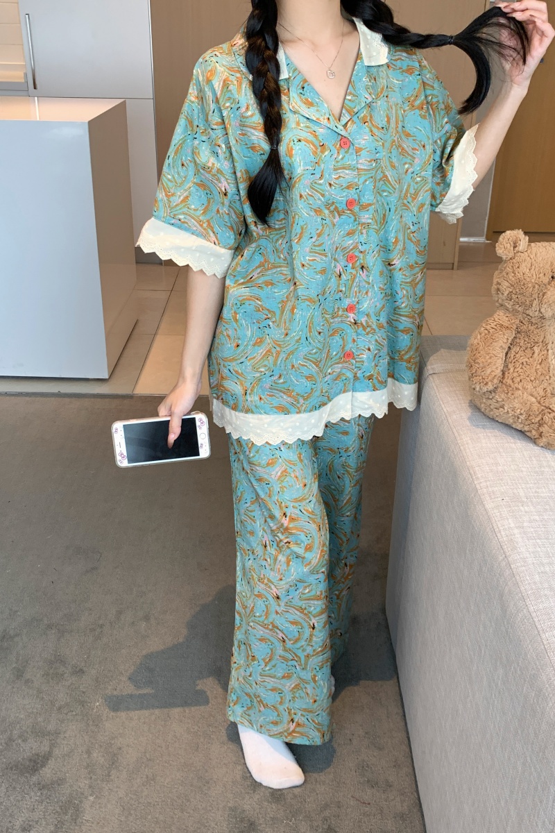 Real shot of Korean version of all cotton summer retro print simple sweet lace loose casual outdoor clothing set