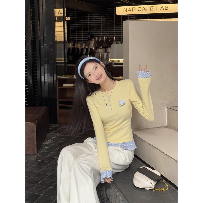 Cute yellow fake two-piece long-sleeved T-shirt for women in spring 2025 small slim fit inner base shirt