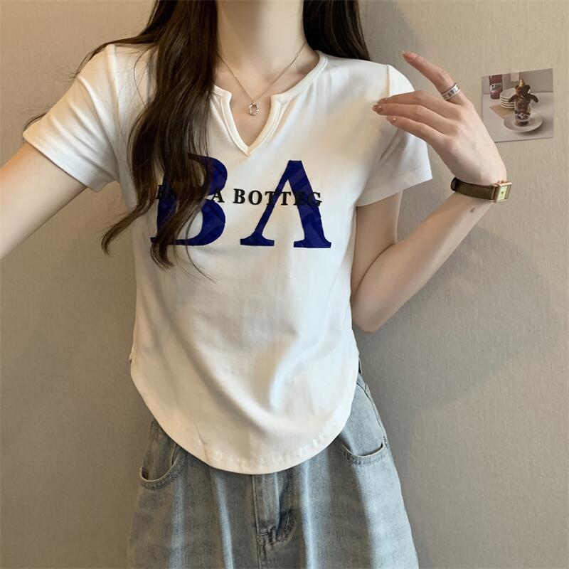 外貿原版官圖6535拉架棉設計感弧形下擺小v領短袖t恤夏季新款韓版