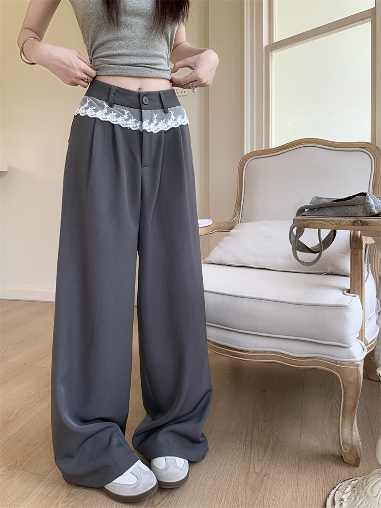 Real shot ~ New design lace spliced ​​suit casual pants for women with high waist loose straight wide-leg pants