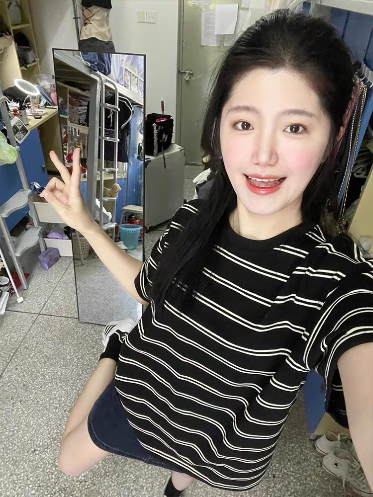 羅紋領 原版面料 短袖t恤女