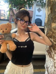 Real shot~Sexy hot suspender vest in summer with plaid breast wrapping two pure and sexy short tops