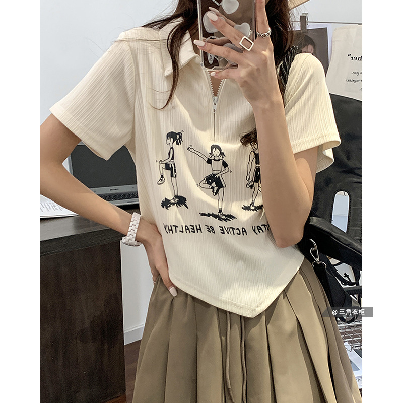 Korean foreign trade Korean summer new print irregular design polo collar versatile top