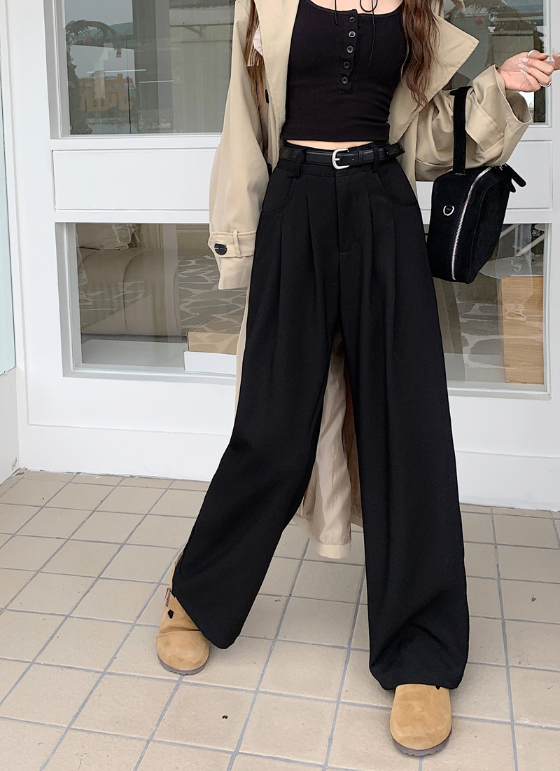 Real shot of 2025 spring high waist drooping slim design casual pants for women with wide-leg versatile trousers