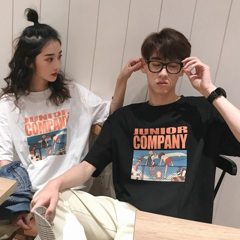 韓國外貿原宿港風小眾情侶款夏季卡通印花學生短袖T恤女ins潮