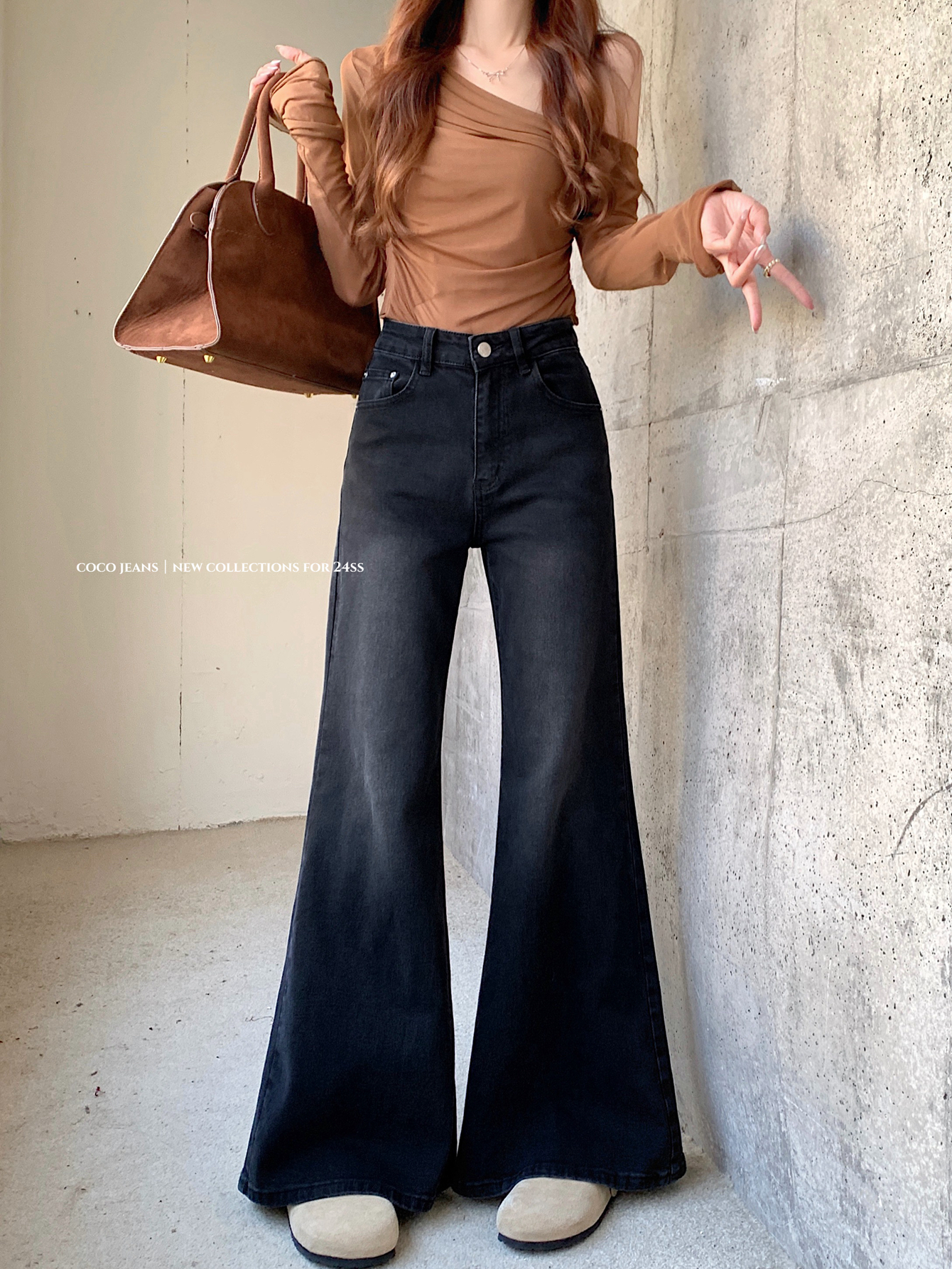 Real photo #New loose straight jeans for women with high waist design and flare wide foot slippery trousers