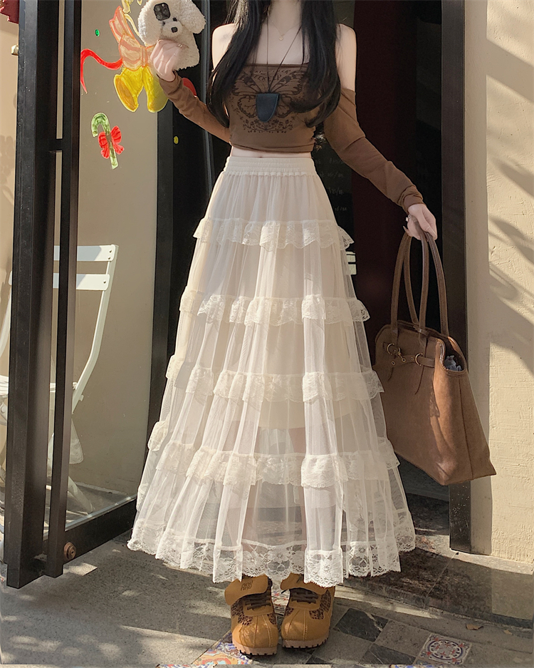 Real shot ~Ballet style mesh fluffy cake skirt for women French romantic layered high waist slim skirt