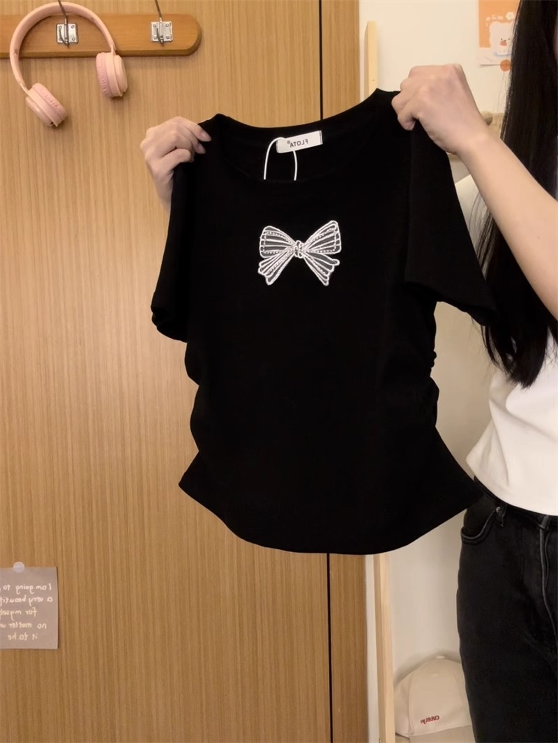 40 bead pieces 210g 92 cotton 8 spandex Japanese retro bow shoulder women's T-shirt