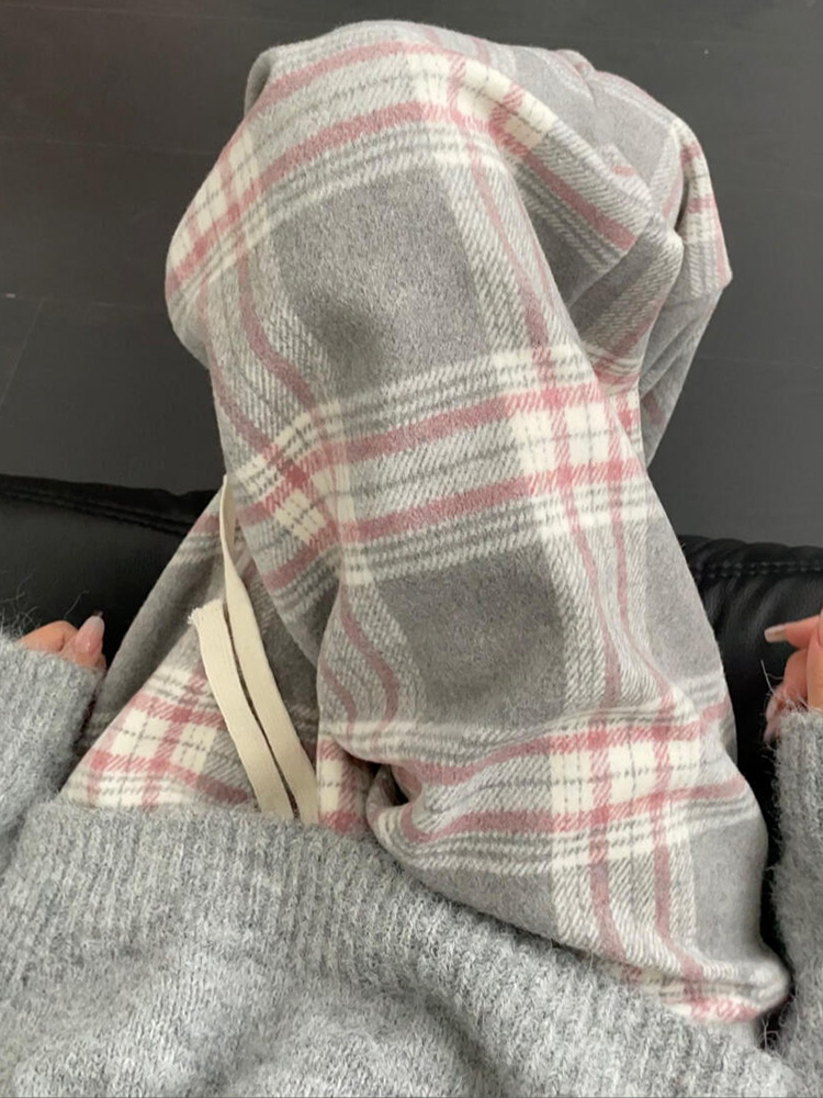 韓國外貿灰色格子褲子女新款高腰垂感復古休閒直筒慵懶毛呢闊腿褲