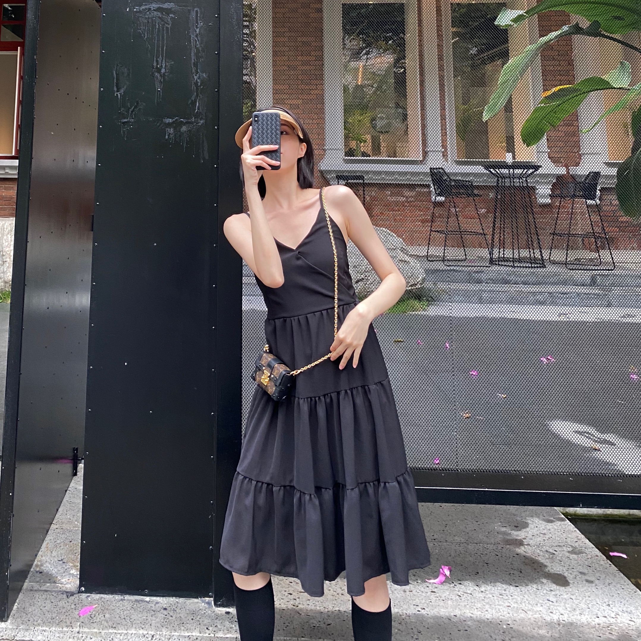 Real photo Korean solid color suspender mid-length ruffled chiffon dress for women