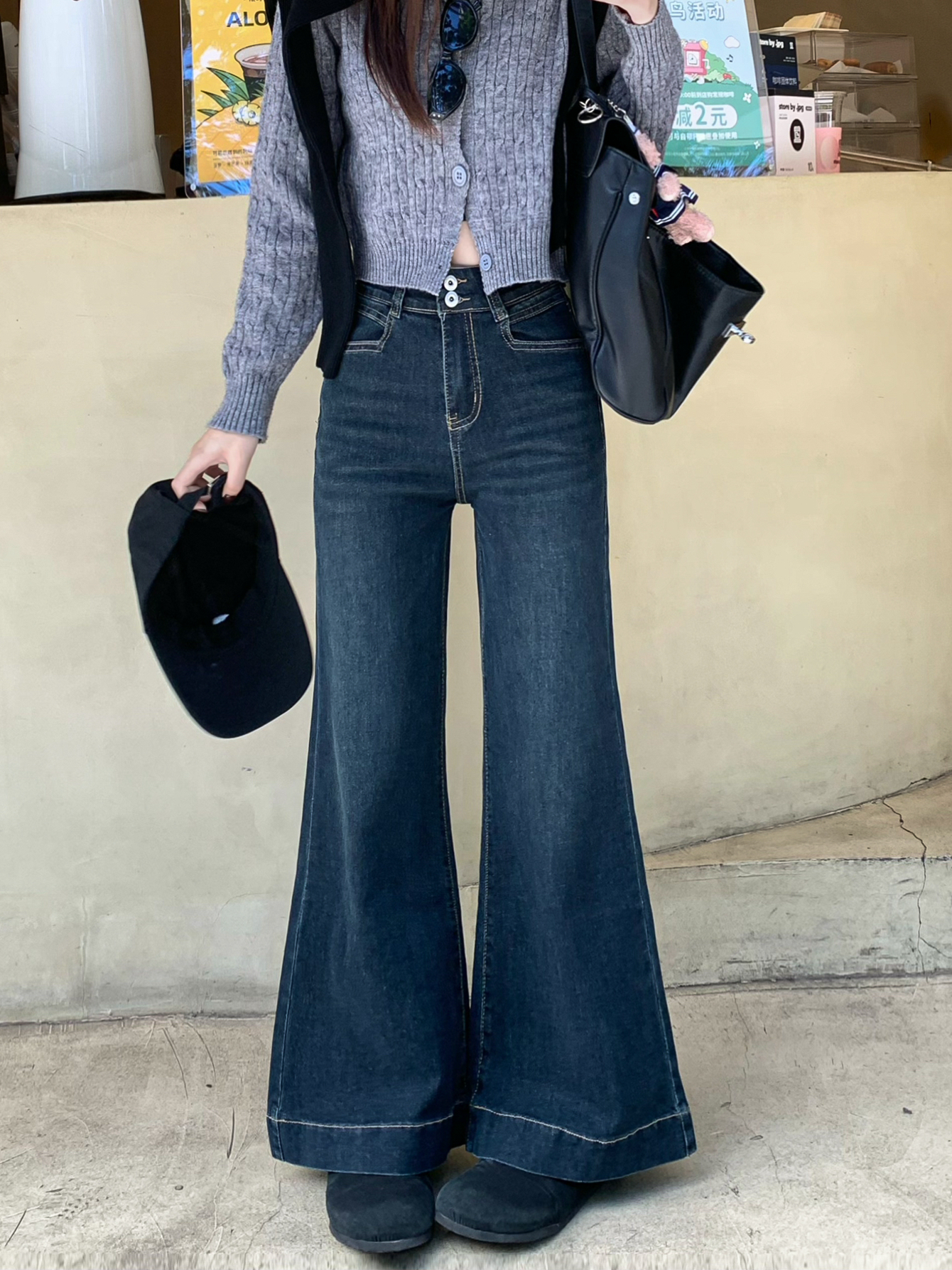 Real shot #loose, light-flat denim trousers for women with two buckles design big trousers and wide-leg pants