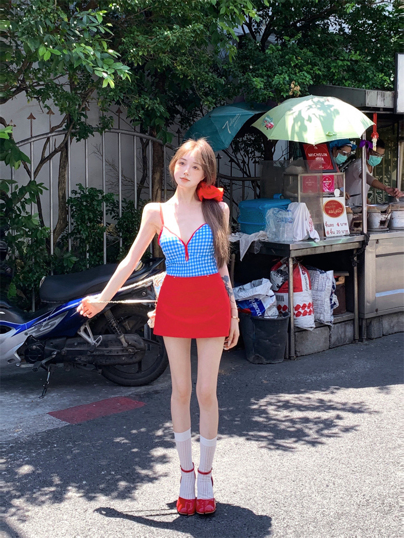 Real photos of hot girls purely slim suspender vest for women + high waist slim short skirt two-piece set