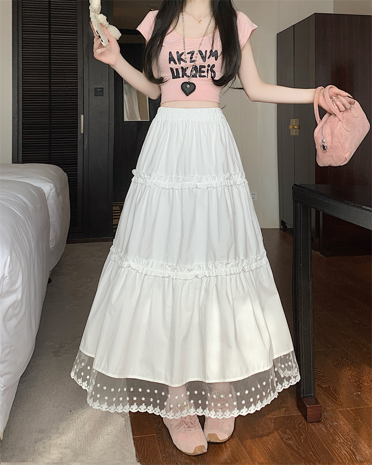 Real shot~White skirt lace-edged cake long skirt for women's new high-waisted forest design A-line long skirt
