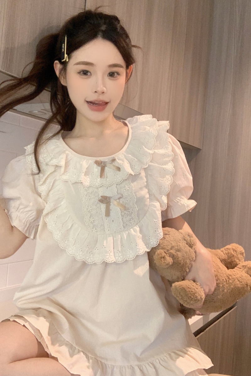 Real shot of Korean version of sweet princess style cotton heavy industry lace loose summer wear short-sleeved home clothing set