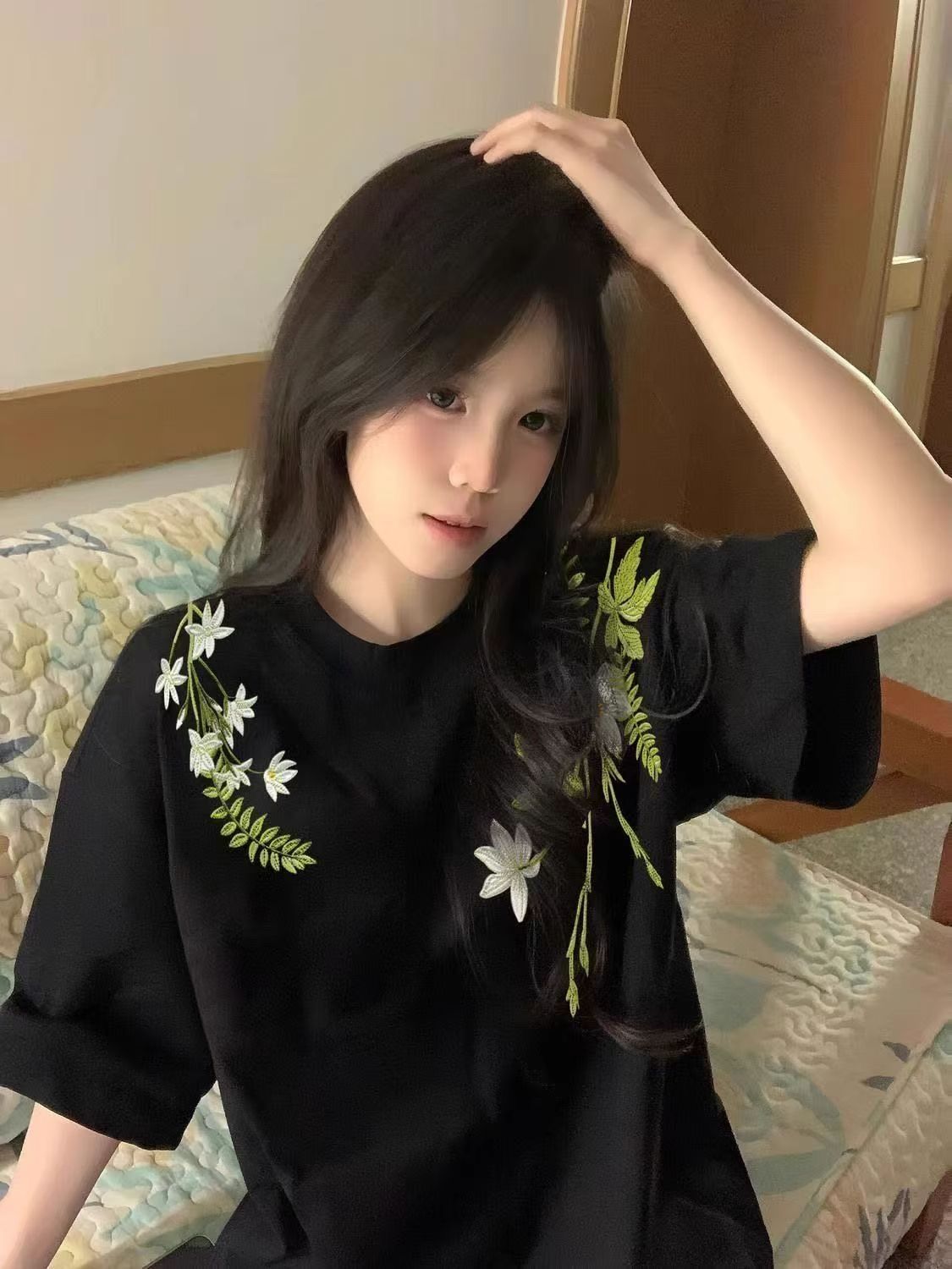 刺繡純棉210克精梳緊密短袖t恤女