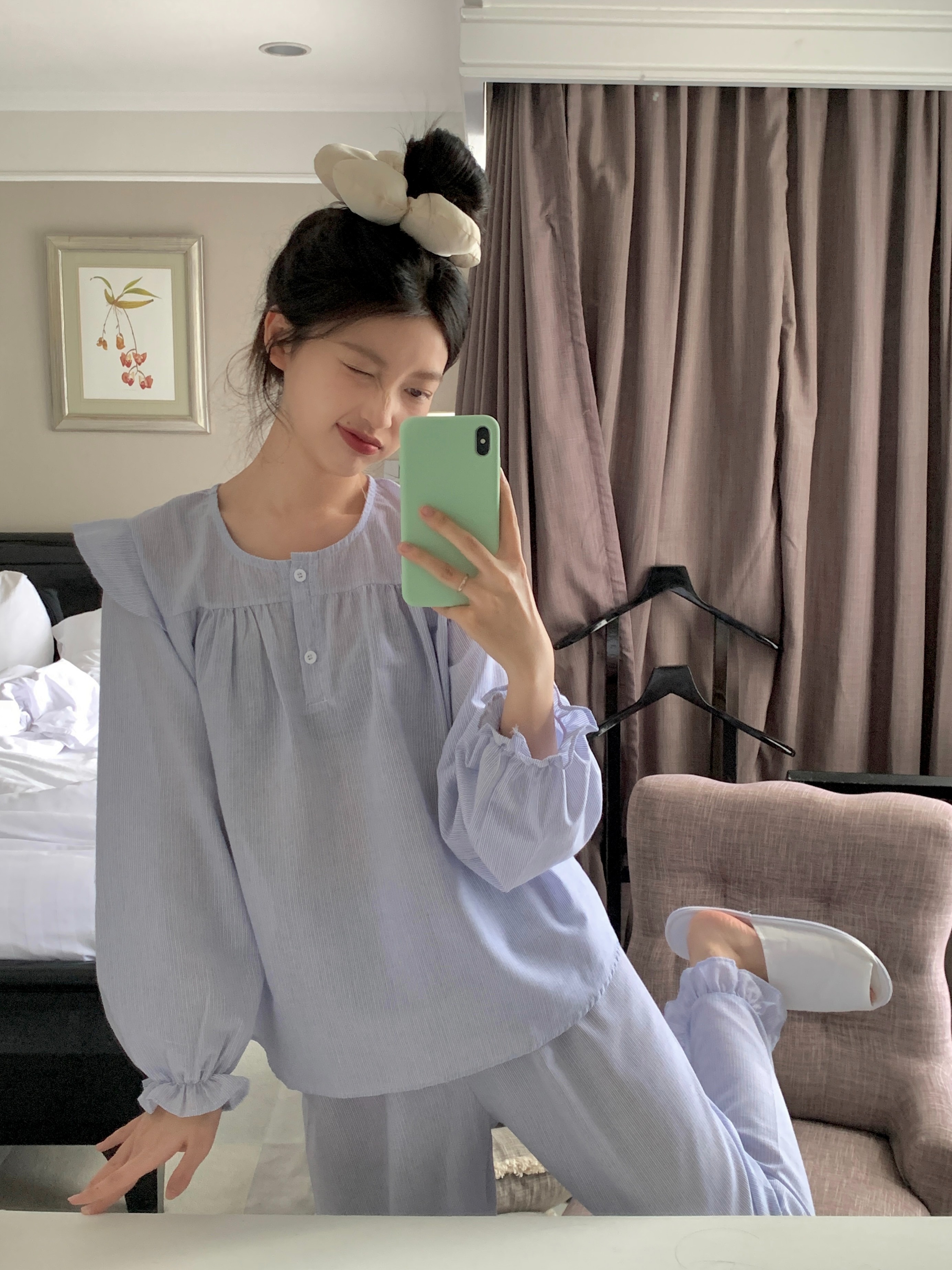 Real shot Korean version of sweet, fresh, loose, breathable cotton and linen spring and autumn long-sleeved long-sleeved home clothing set