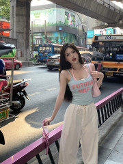 Real-life American retro sports hot girl letter printed suspender vest + wide-leg drawstring work pants