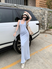 Real shot slim pleated suspender dress for women with retro sexy sleeveless high-end waist knitted long skirt